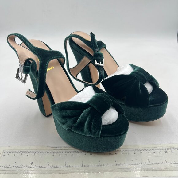 FSJ Dark Green Velvet Platform Chunky High Heel Sandal Peep Toe Ankle Strap Shoe - Picture 4 of 8